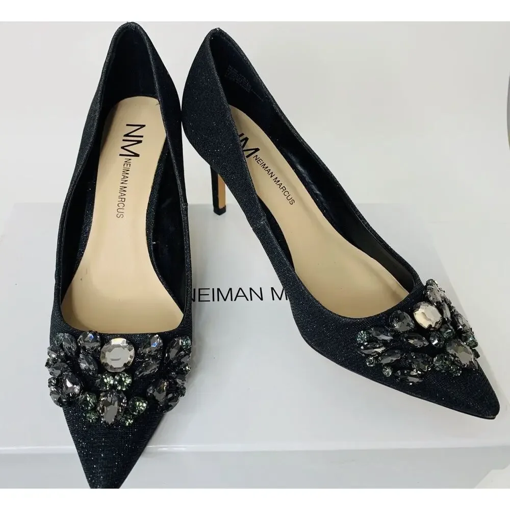 Neiman Marcus Women's Black Ruby Point-Toe Embellished Pump Shoe Sz US 6.5 NEW